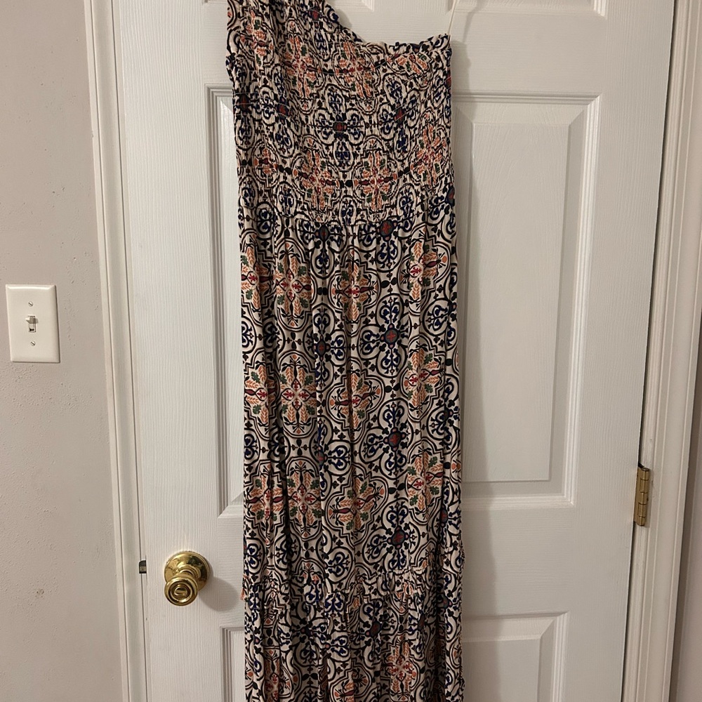Target Smocked Maxi Dress in Navy, Coral and Cream Medallion Print